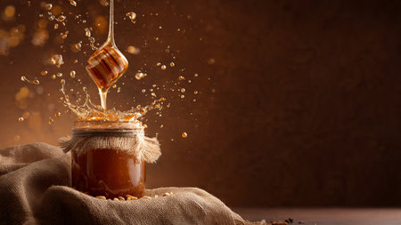 Honey dripping from a wooden honey dipper into a glass jar on a brown backgroundの写真素材
