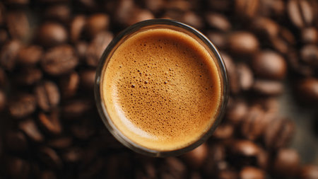 Glass of tasty espresso on coffee beans background, top view. Space for textの写真素材