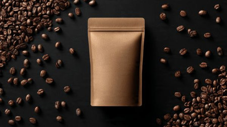 Brown package for coffee on a black background with scattered coffee beans.の写真素材