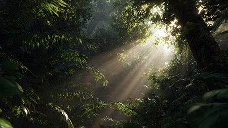 Sun rays shining through the trees in a tropical rainforestの写真素材