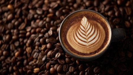 Cup of coffee with latte art on roasted coffee beans background