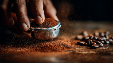 Close-up of a hand holding a sieve with ground coffee and coffee beans on a wooden tableの写真素材