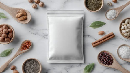 Mockup of a Blank Foil Food Snack Bag, Spices and herbs on a marble background