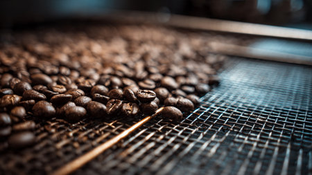 Roasted coffee beans on a conveyor belt in a coffee factory
