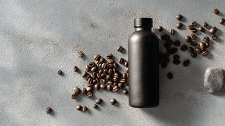Black bottle with coffee beans on concrete background. Flat lay, top view.の写真素材