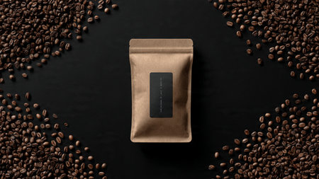 Coffee beans on a black background with a paper package.の写真素材