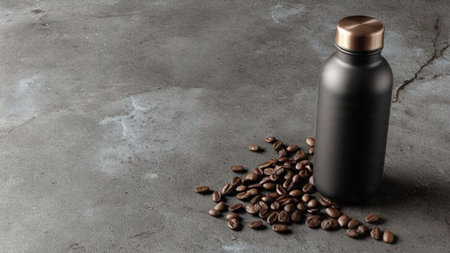 Black bottle of protein powder and coffee beans on grey background. Copy spaceの写真素材