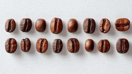 Coffee beans on white background. Top view, flat lay