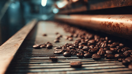 Coffee beans on a conveyor belt in a coffee factoryの写真素材