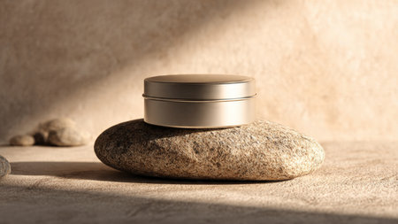Cosmetic cream jar on stone in sunlight. 3D rendering.の写真素材