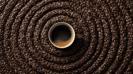 Cup of coffee on coffee beans background, top view, copy spaceの写真素材