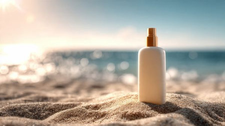 Sunscreen bottle on the beach. Sun protection and health concept.の写真素材
