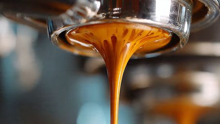 coffee dripping from coffee machine, close-up, shallow depth of field