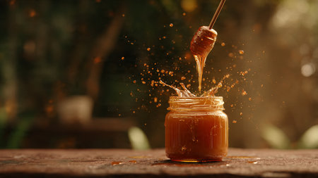 Honey dripping from a spoon into a jar on a wooden tableの写真素材