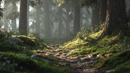 Path in the woods in the morning with fog and sunbeamsの写真素材