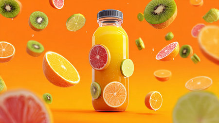 Fruit juice in a bottle on orange background. 3d illustrationの写真素材