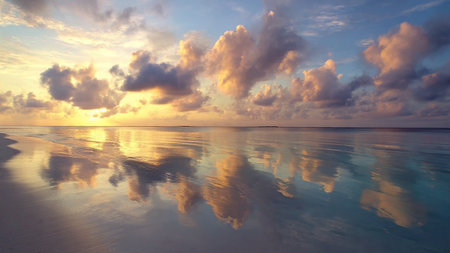 Beautiful sunset over the sea with reflection of clouds in the waterの写真素材