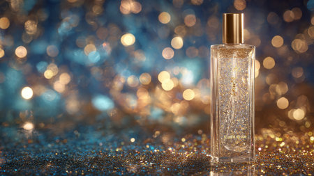 Perfume bottle on glitter background with bokeh effect.の写真素材