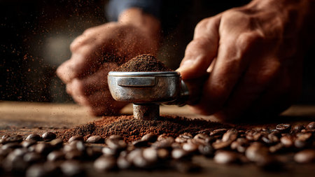 Close up of a coffee grinder with coffee beans and ground coffeeの写真素材