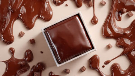 Melted chocolate in a box on a beige background, top view