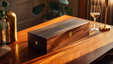 Close-up shot of a wooden box on a wooden table.の写真素材