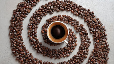 Cup of coffee and coffee beans on a circle of coffee beans