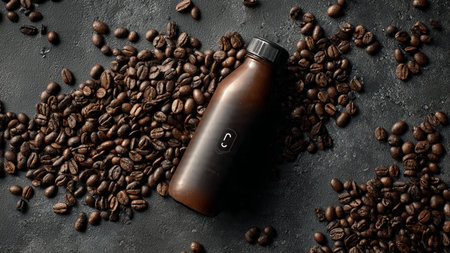 Coffee beans and bottle of coffee on dark background, top viewの写真素材