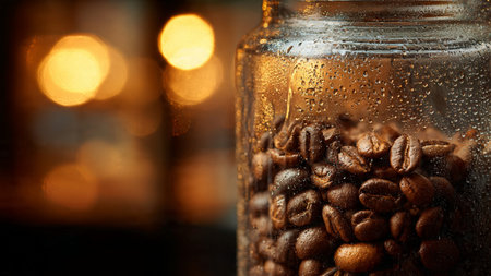 Coffee beans in a glass jar on a blurred background.の写真素材