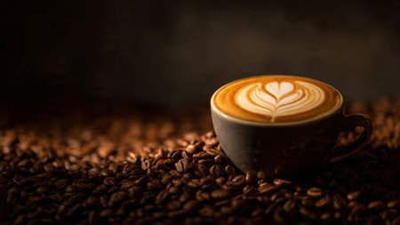 Coffee cup with latte art on coffee beans background.