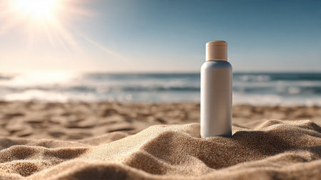 Sunscreen bottle on the beach. Sun protection concept. 3d renderingの写真素材