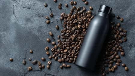 Coffee beans and a bottle of black liquid on a dark backgroundの写真素材