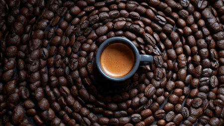 Coffee cup on roasted coffee beans background. Top view.