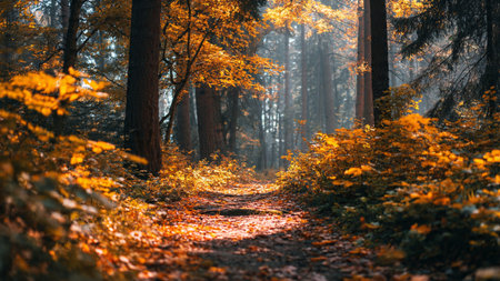 Path in the autumn forest with yellow leaves and fog in the morningの写真素材