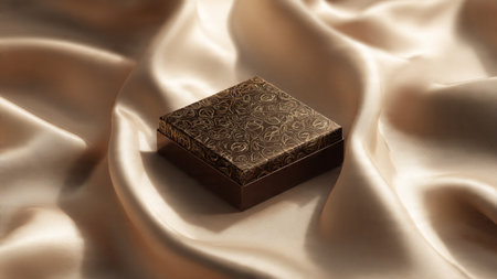 Gold box on satin background, 3d render, close up