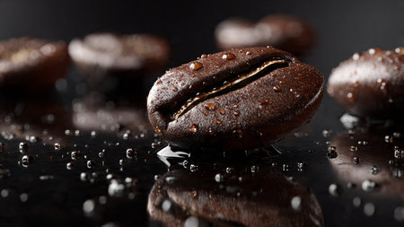 Coffee beans with water drops on dark background, closeupの写真素材