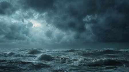 Stormy sea with stormy clouds. 3d render illustration.