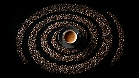 Coffee beans and cup of coffee on a black background.