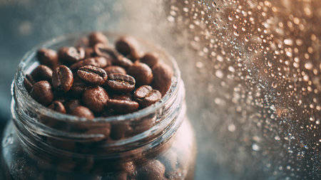 Roasted coffee beans in a glass jar on the background of the rain