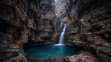 Beautiful waterfall in the mountains of Turkey. Panoramic viewの写真素材
