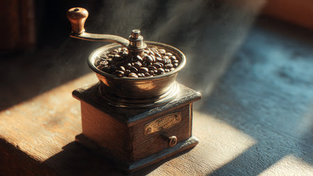 Coffee grinder with coffee beans on a wooden table.の写真素材