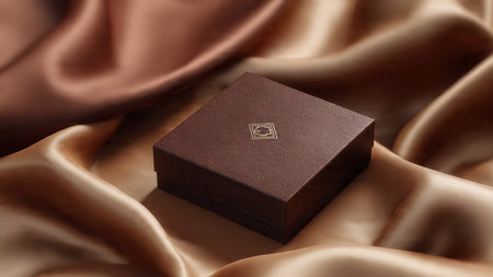 Closed gift box on brown satin cloth background, closeup