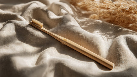 Bamboo toothbrush on white linen fabric. Eco-friendly bamboo toothbrush.の写真素材
