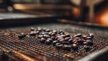 Roasted coffee beans on a grill. Roasted coffee beans on a grillの写真素材