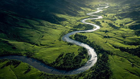 Aerial view of a river flowing through the green meadows.の写真素材
