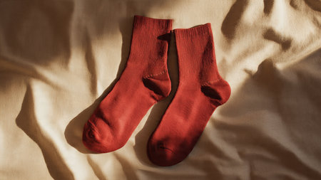 Red socks on a beige background. Flat lay, top view.
