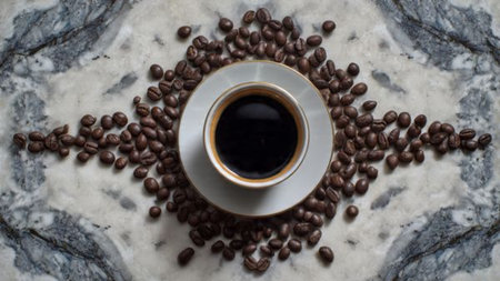 Cup of coffee with coffee beans on a marble background. Top view