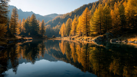Mountain lake in autumn. The reflection of the trees in the water.