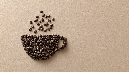 Cup of coffee with beans on beige background, top view