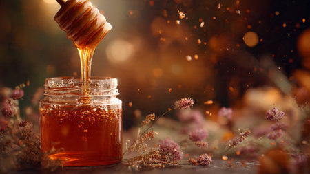 Honey dripping from a wooden honey dipper into a jar on a dark background