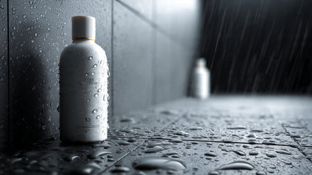 White bottle of shampoo or shower gel on wet tile floor with rain dropsの写真素材